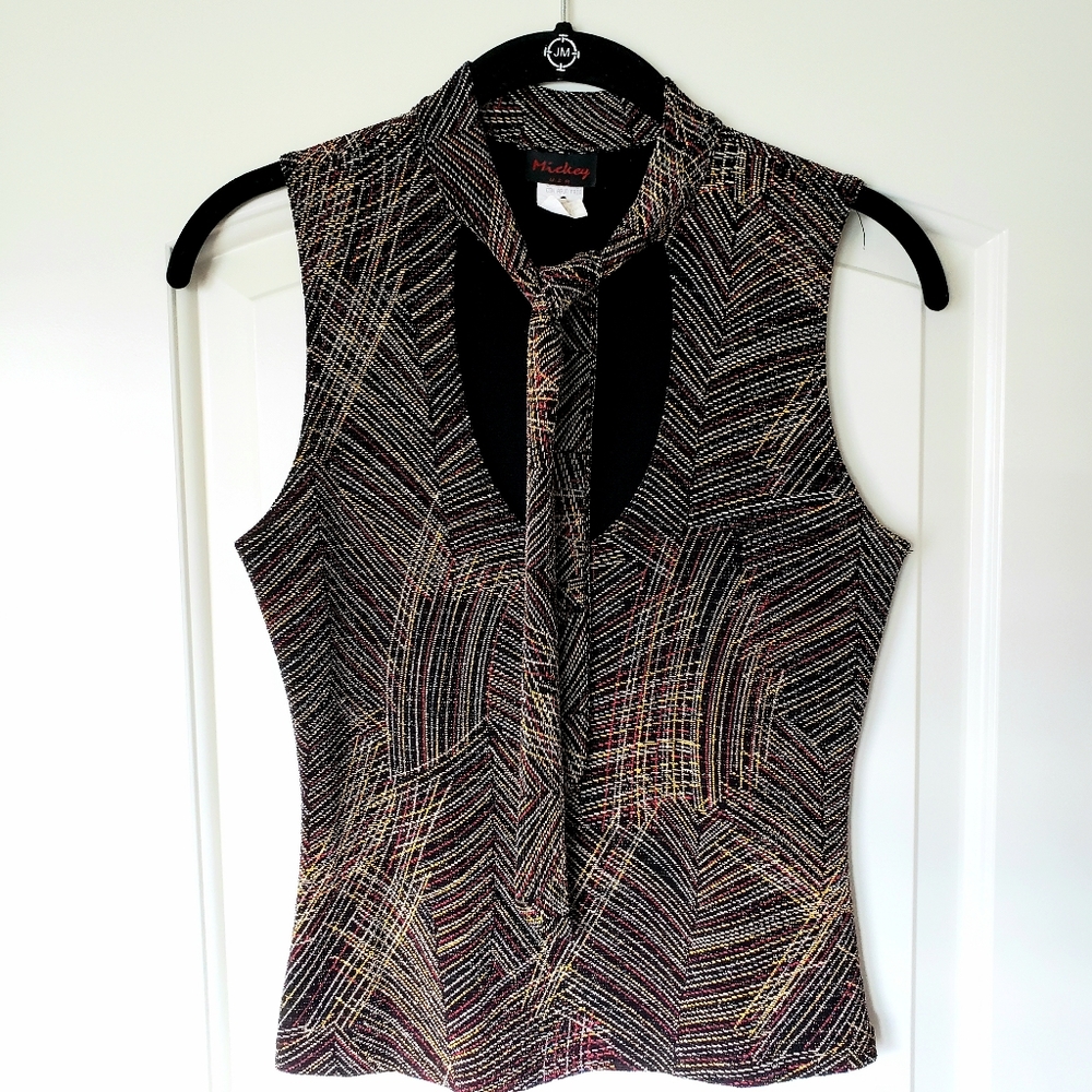 Vintage Shimmer Abstract Print Blouse with Necktie